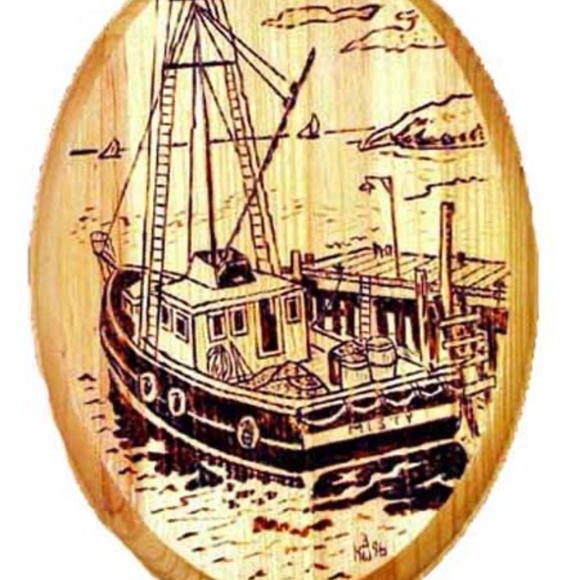 SAILING SHIP & FISHING TRAWLER, TWO HAND DONE WOODBURNING ART, SIGNED, ONE OF - Picture 2 of 2